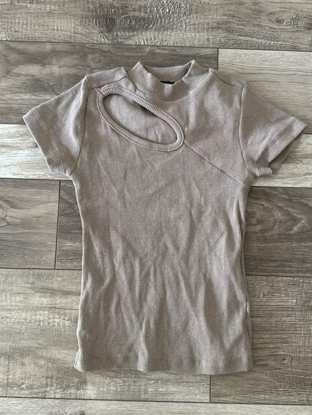 Trendyol Ribbed Short-Sleeve Top with Asymmetric Cutout - Taupe